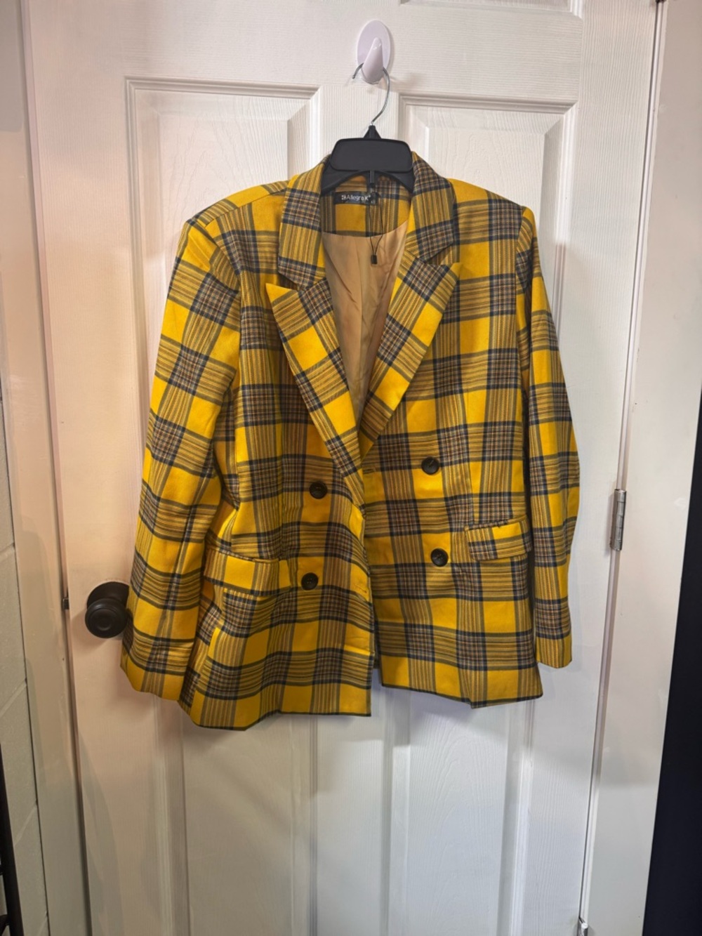 Allegra K Plaid Double-Breasted Yellow Women's Blazer Jacket